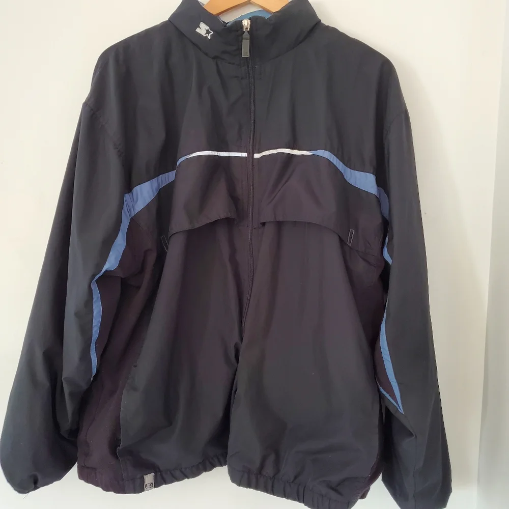STARTER Men L Black Blue Windbreaker Jacket Full Zip Pockets Hood 90s Y2K